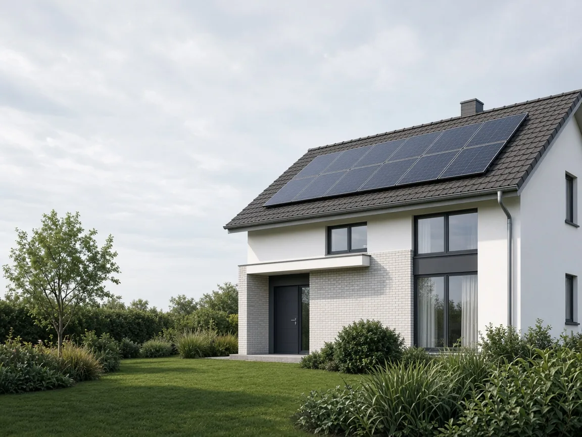 Modernes Einfamilienhaus mit Photovoltaikanlage auf dem Dach
