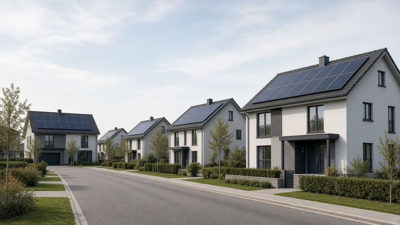 Wohngebiet in Deutschland mit Photovoltaikanlagen auf den Dächern