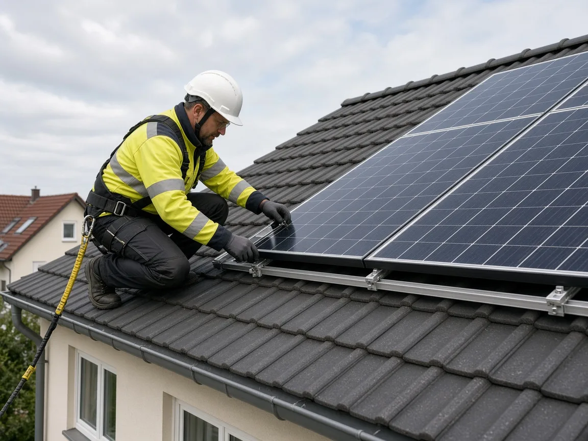 Fachkraft installiert Photovoltaikmodule auf einem Wohnhaus