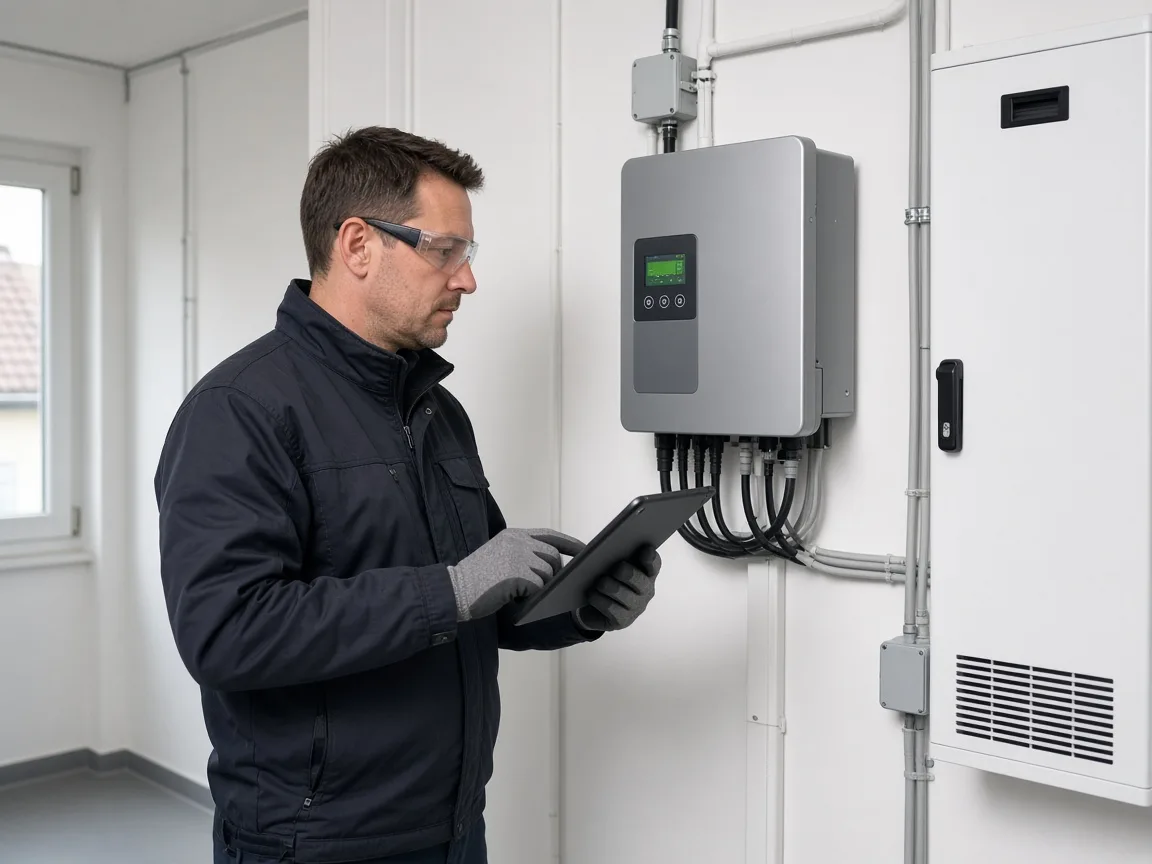 Techniker kontrolliert Wechselrichter einer PV-Anlage
